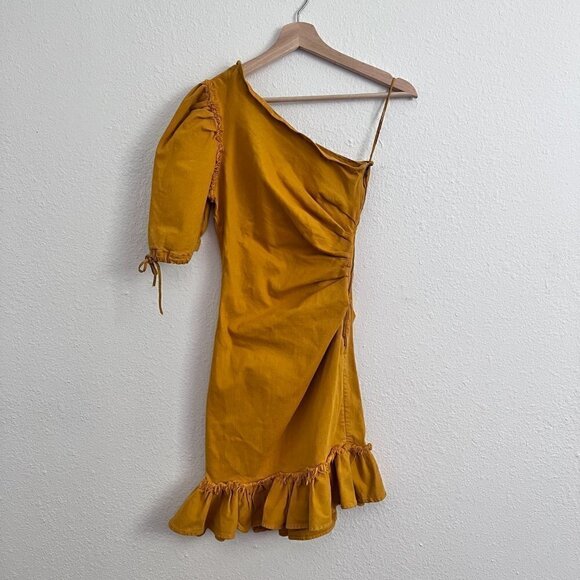 Jonathan Simkhai Yellow One Shoulder Asymmetric Denim Mini Dress US 4‌‌‌‌‌‌‍‍‍‍‍ - Picture 2 of 9